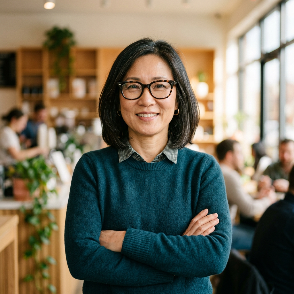 Woman with glasses and teal sweater standing with arms crossed in cafe