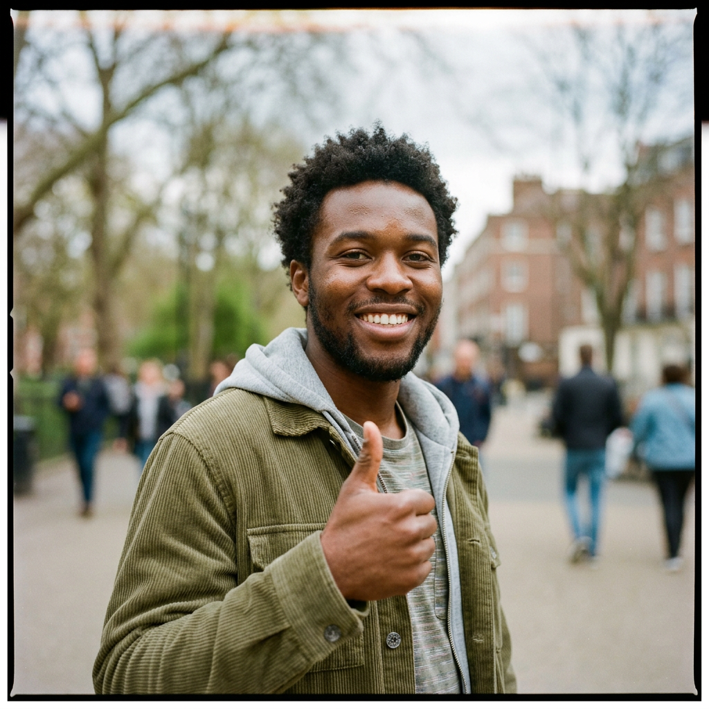 Man smiling and giving thumbs up in a park with blurred people in background